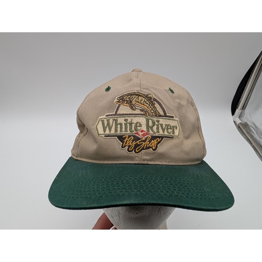 White River Fly Shop Hat Tan Green Trout Fishing Embroidered Leather Strap Cap